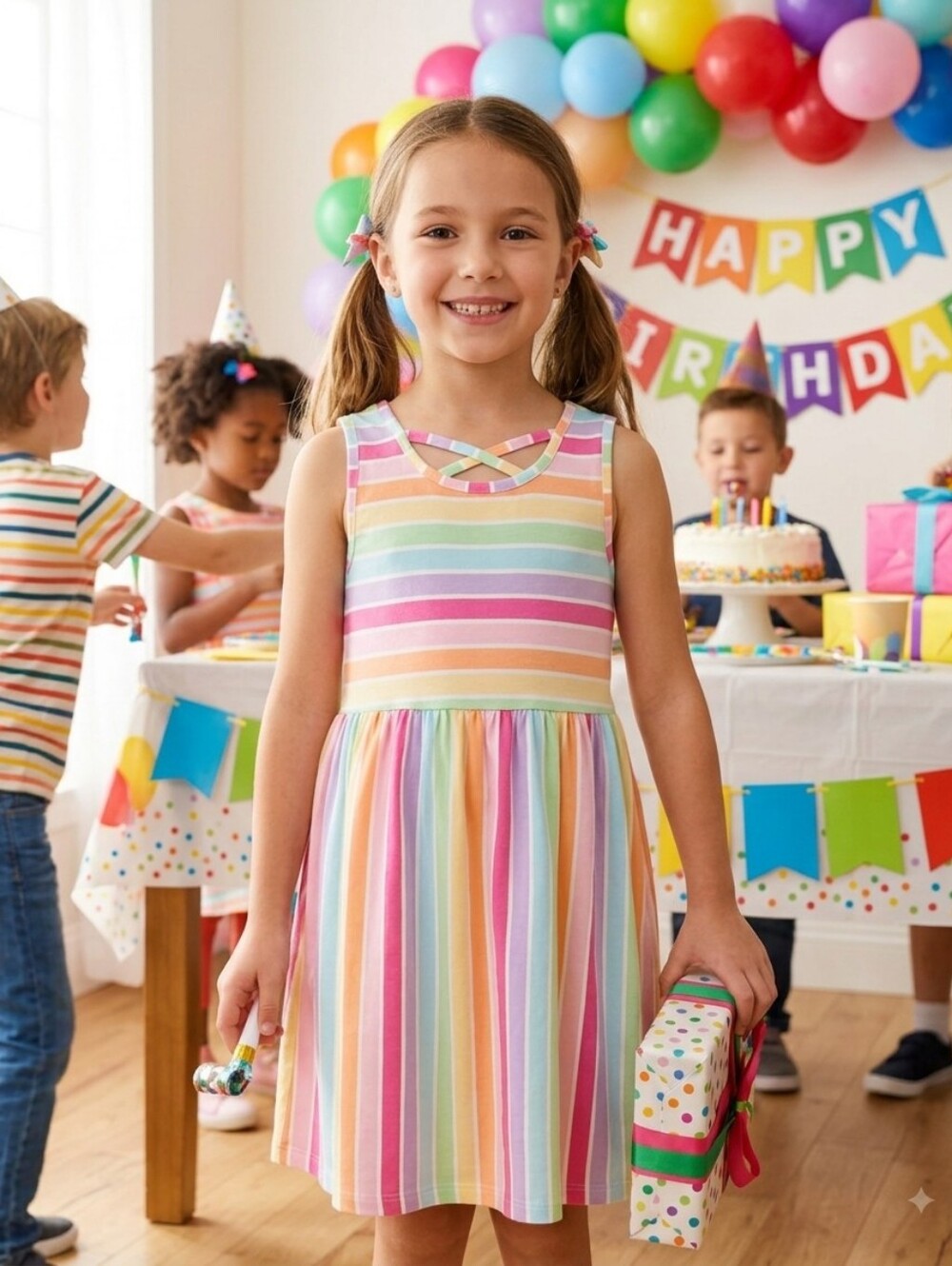 The Children’s Place Girls Pastel Rainbow Stripe Crisscross Neck Dress - Size L